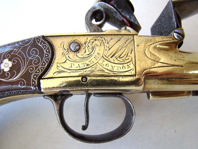 A Magnificent Brass Double Barreled Flintlock Pistol with Silver Inlays by John Parkes of London circa 1770. — image 3